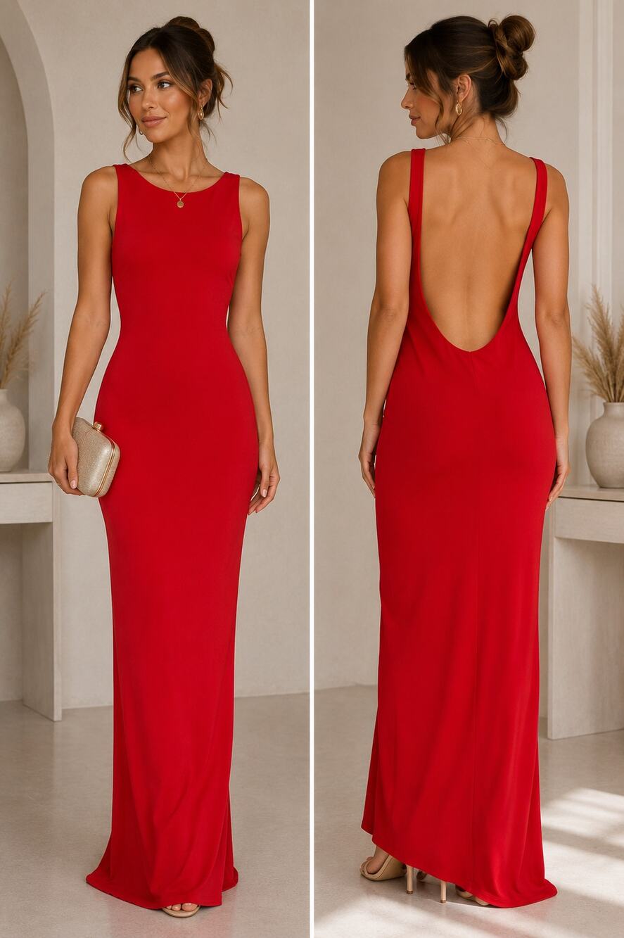 NWT Club L Red Low Back Maxi Dress Sleeveless Bodycon Stretch Size 12